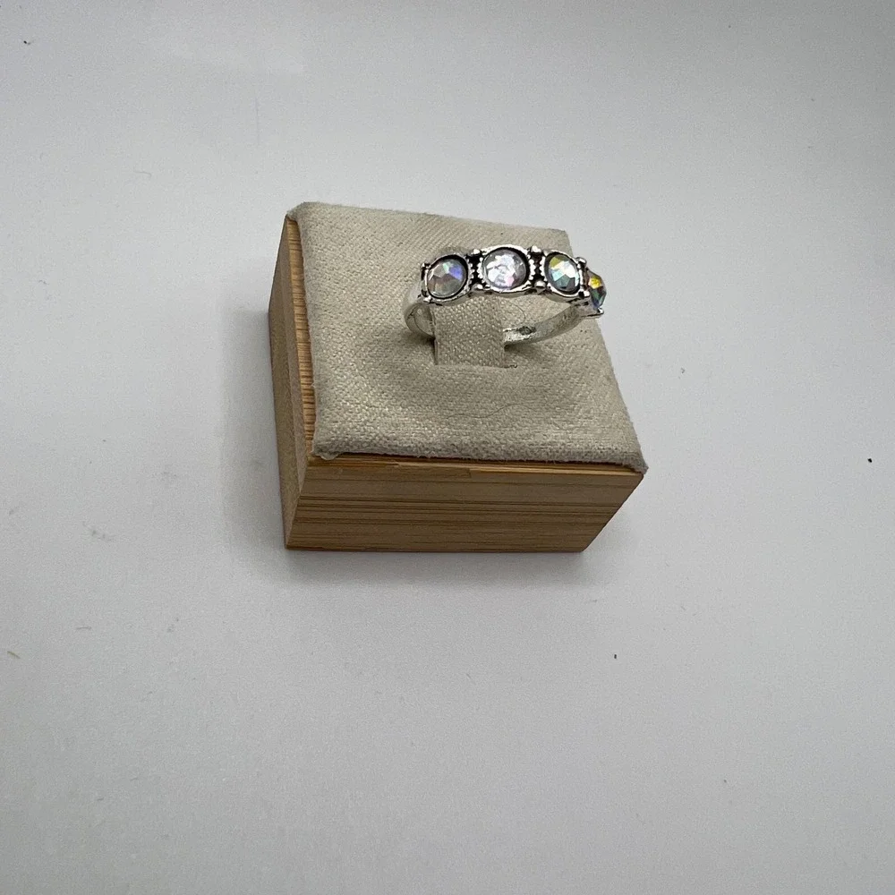 Silver Tone‎ Ring with Round Iridescent Rainbow Stones, Size 5.5